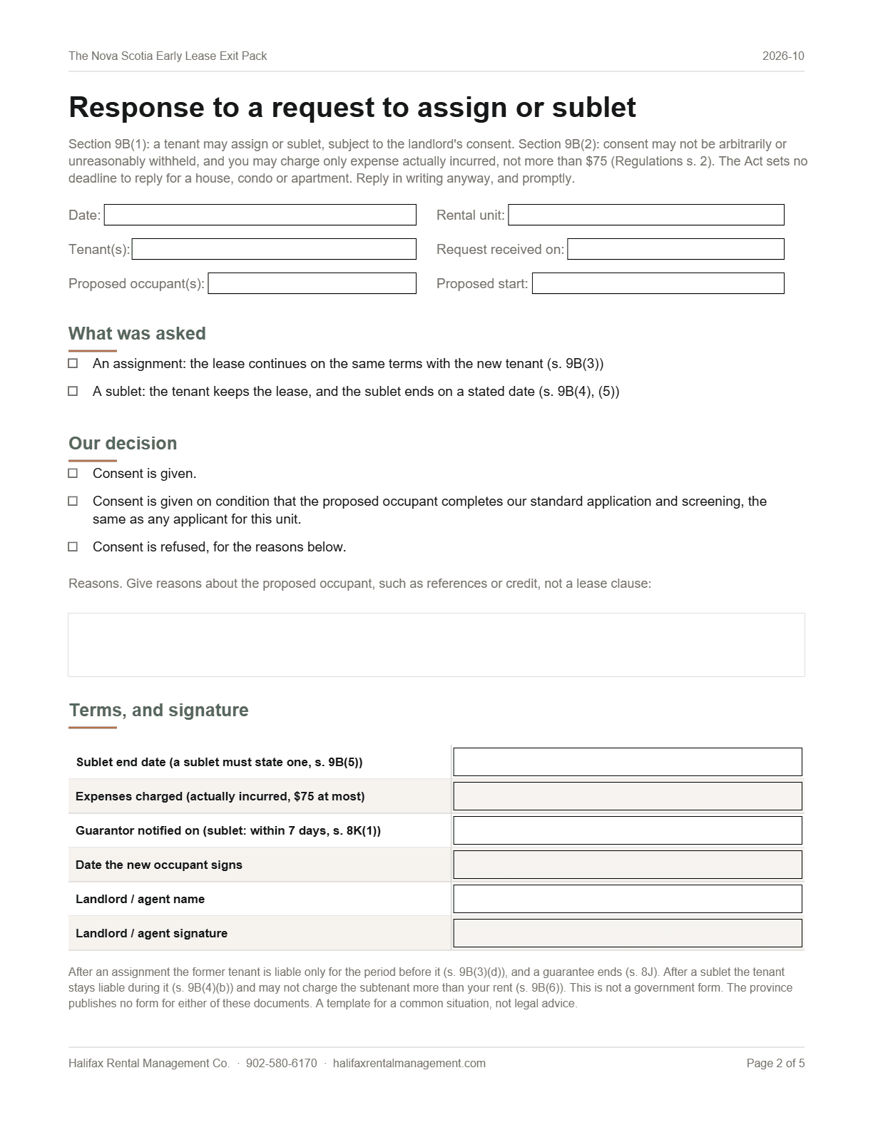 Page 2 of The Nova Scotia Early Lease Exit Pack: response to a request to assign or sublet