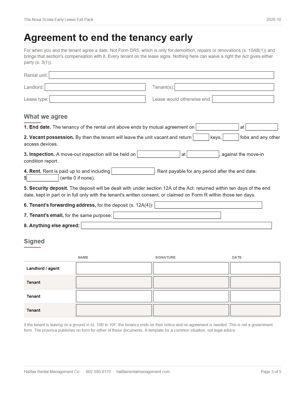 Page 3 of The Nova Scotia Early Lease Exit Pack: agreement to end the tenancy early