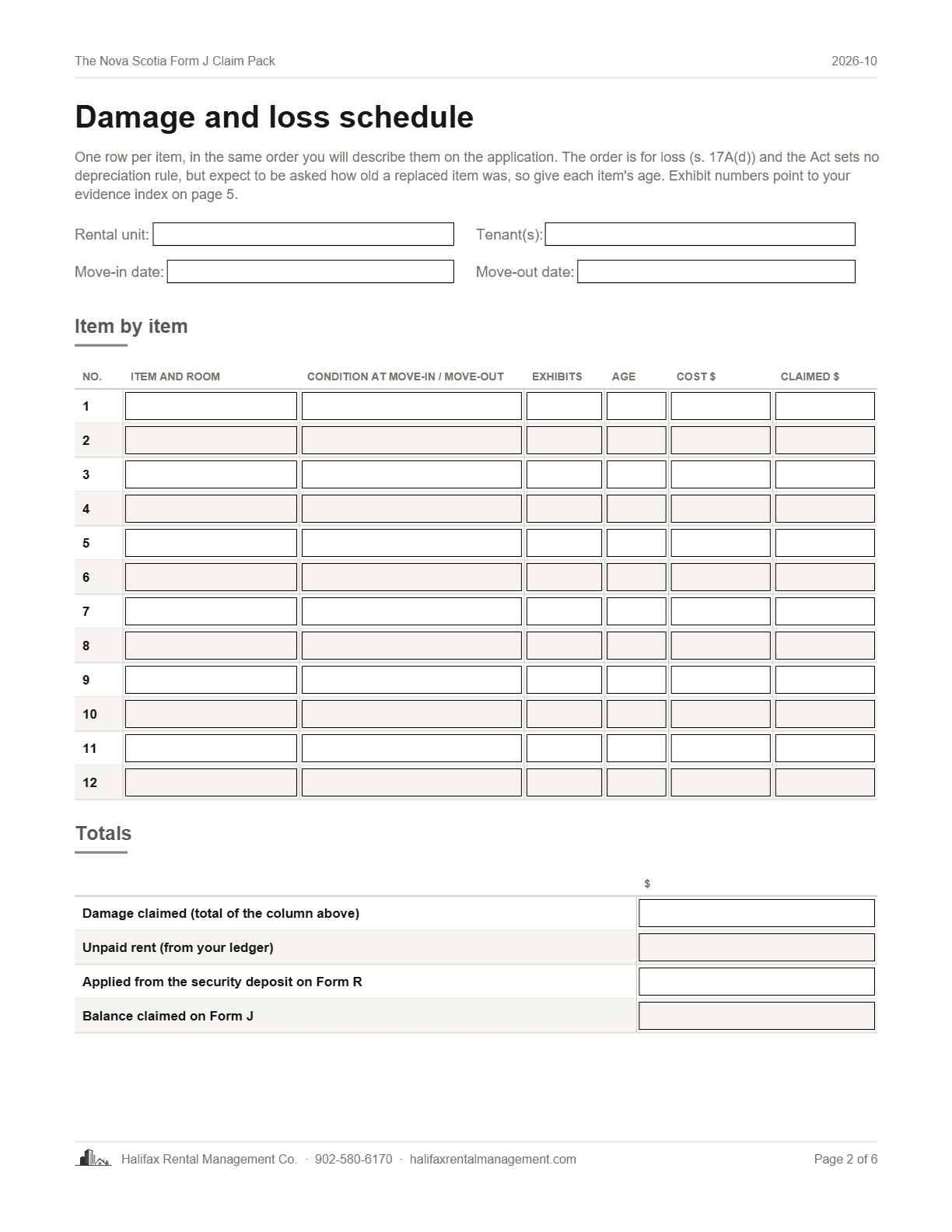 Page 2 of The Nova Scotia Form J Claim Pack: damage and loss schedule