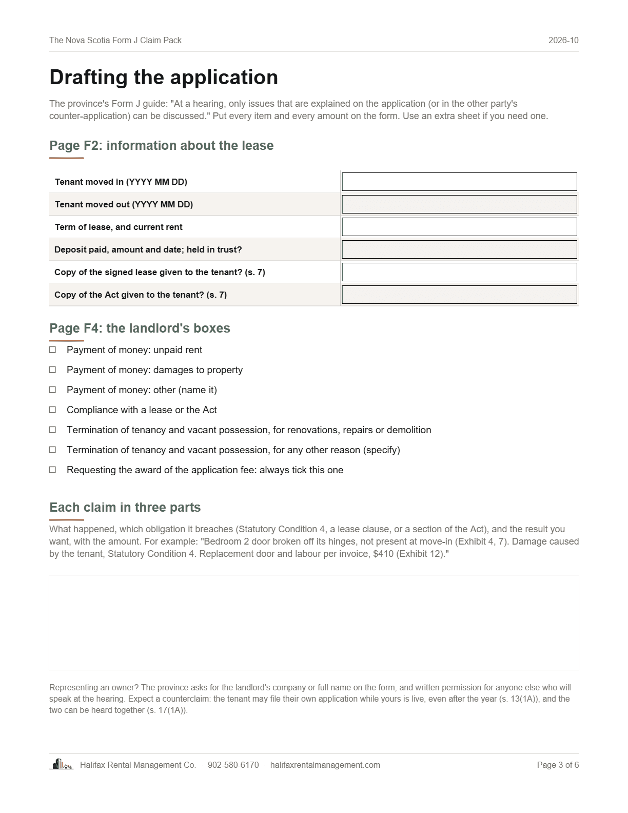 Page 3 of The Nova Scotia Form J Claim Pack: drafting the application