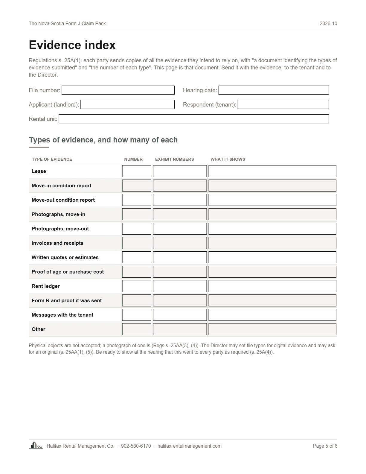 Page 5 of The Nova Scotia Form J Claim Pack: the s.25a evidence index