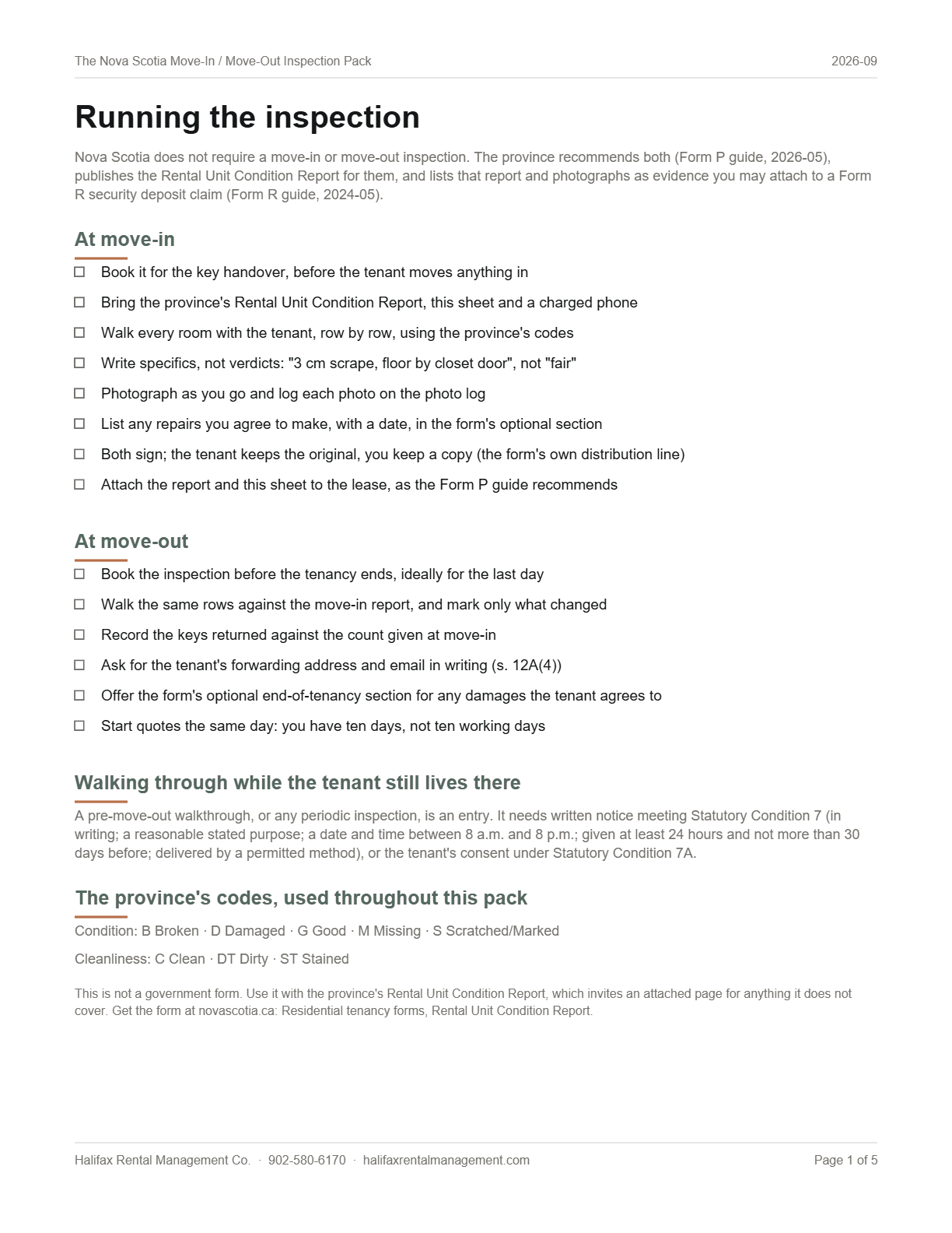 Page 1 of the inspection pack: the walkthrough, move-in and move-out