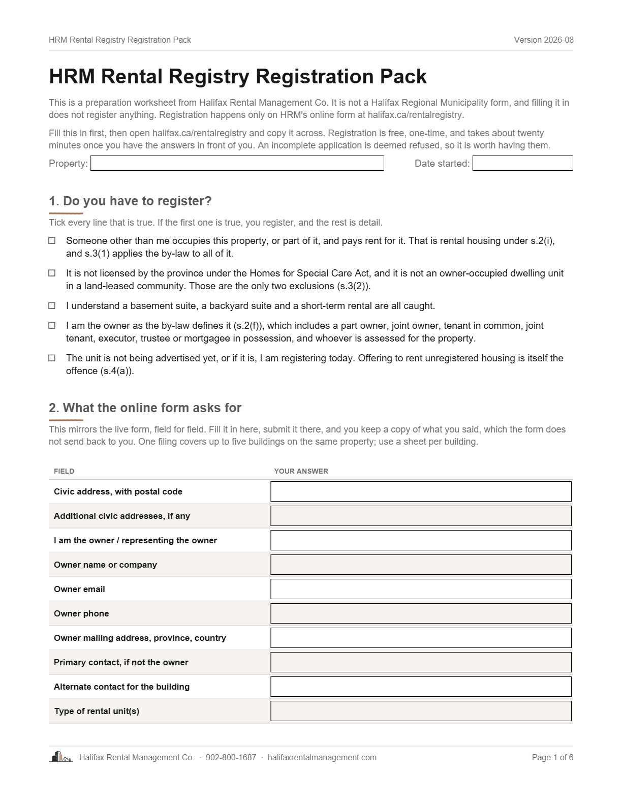 Page 1 of The HRM Rental Registry Registration Pack: do you have to register, and what the form asks