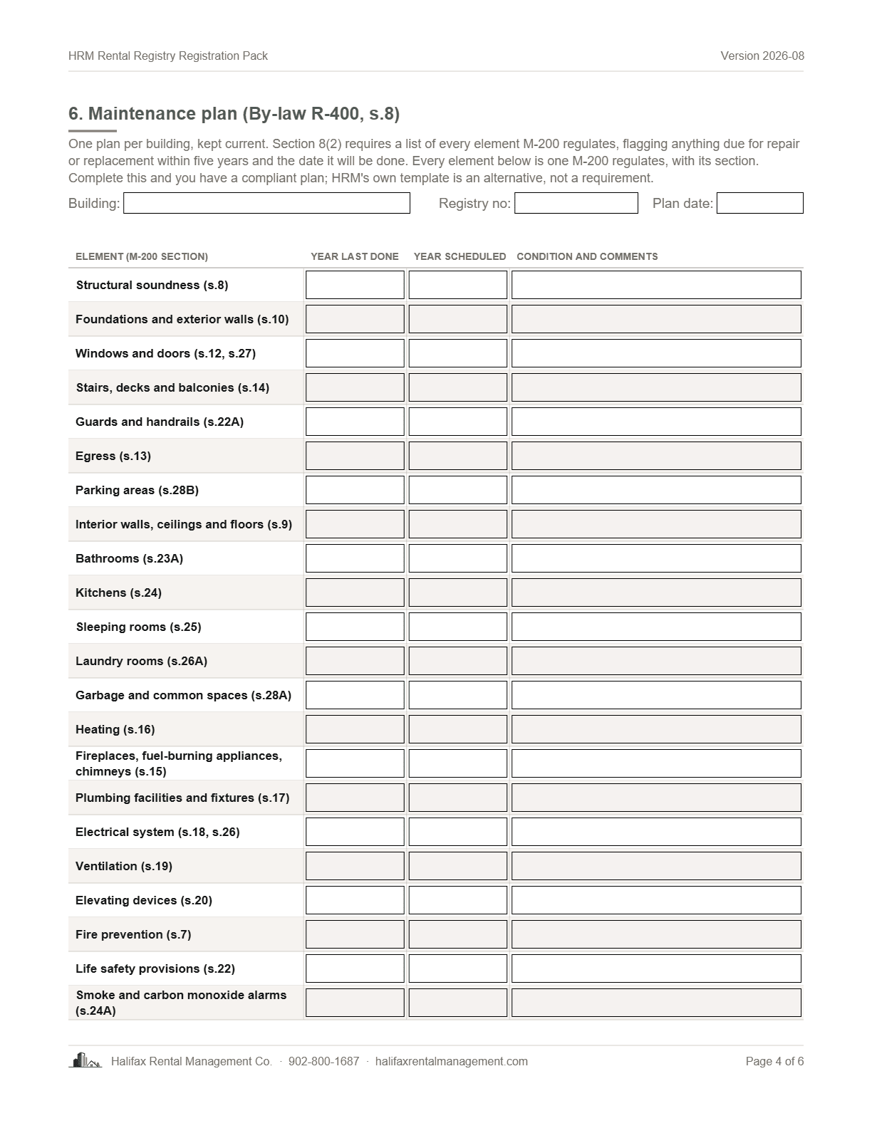 Page 4 of The HRM Rental Registry Registration Pack: the maintenance plan, element by element