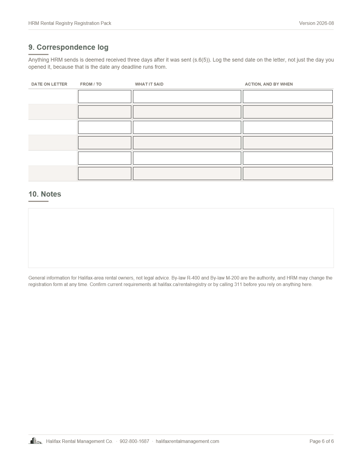 Page 6 of The HRM Rental Registry Registration Pack: the correspondence log