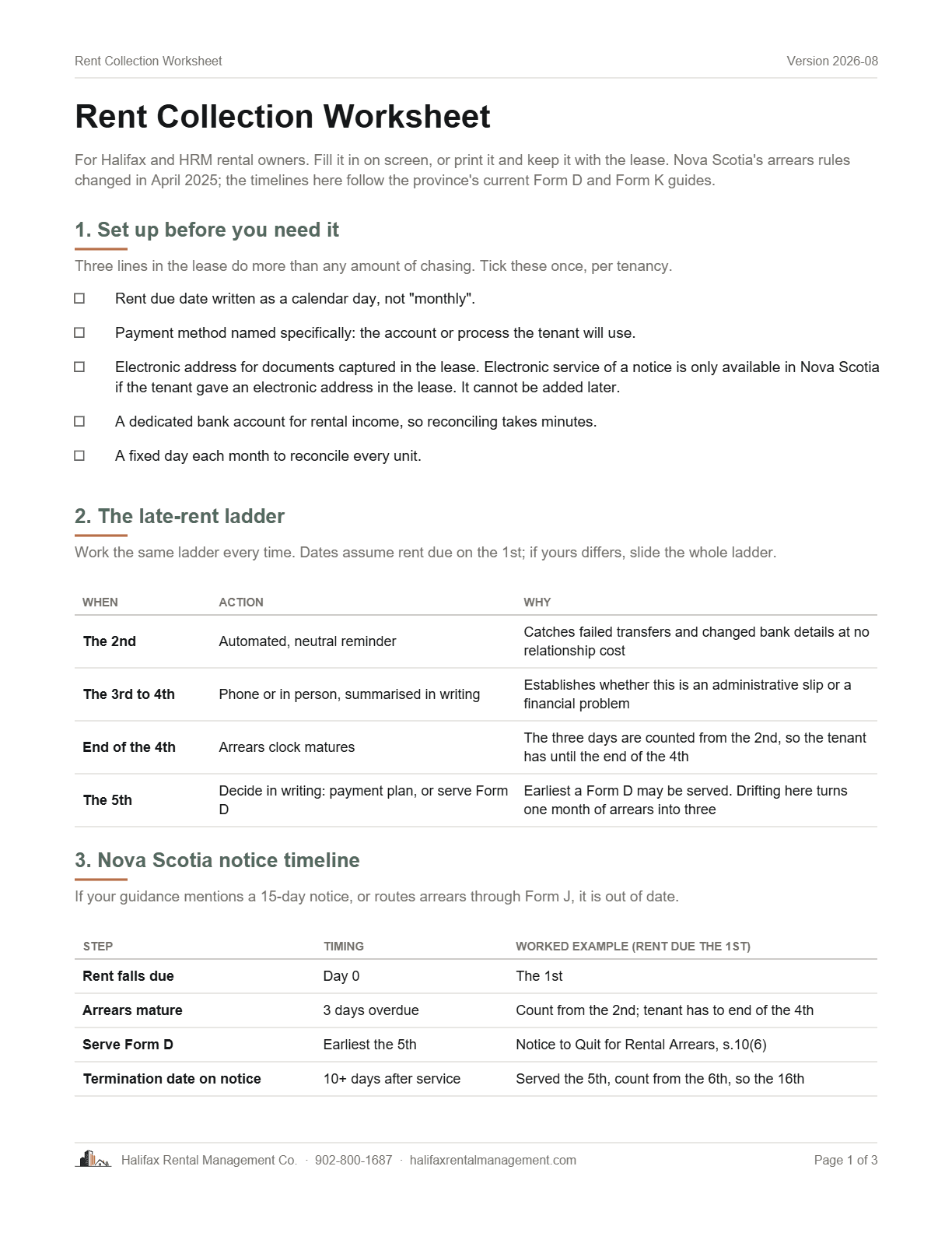 Page 1 of The Halifax Rent Collection Worksheet: the late-rent ladder and the notice timeline
