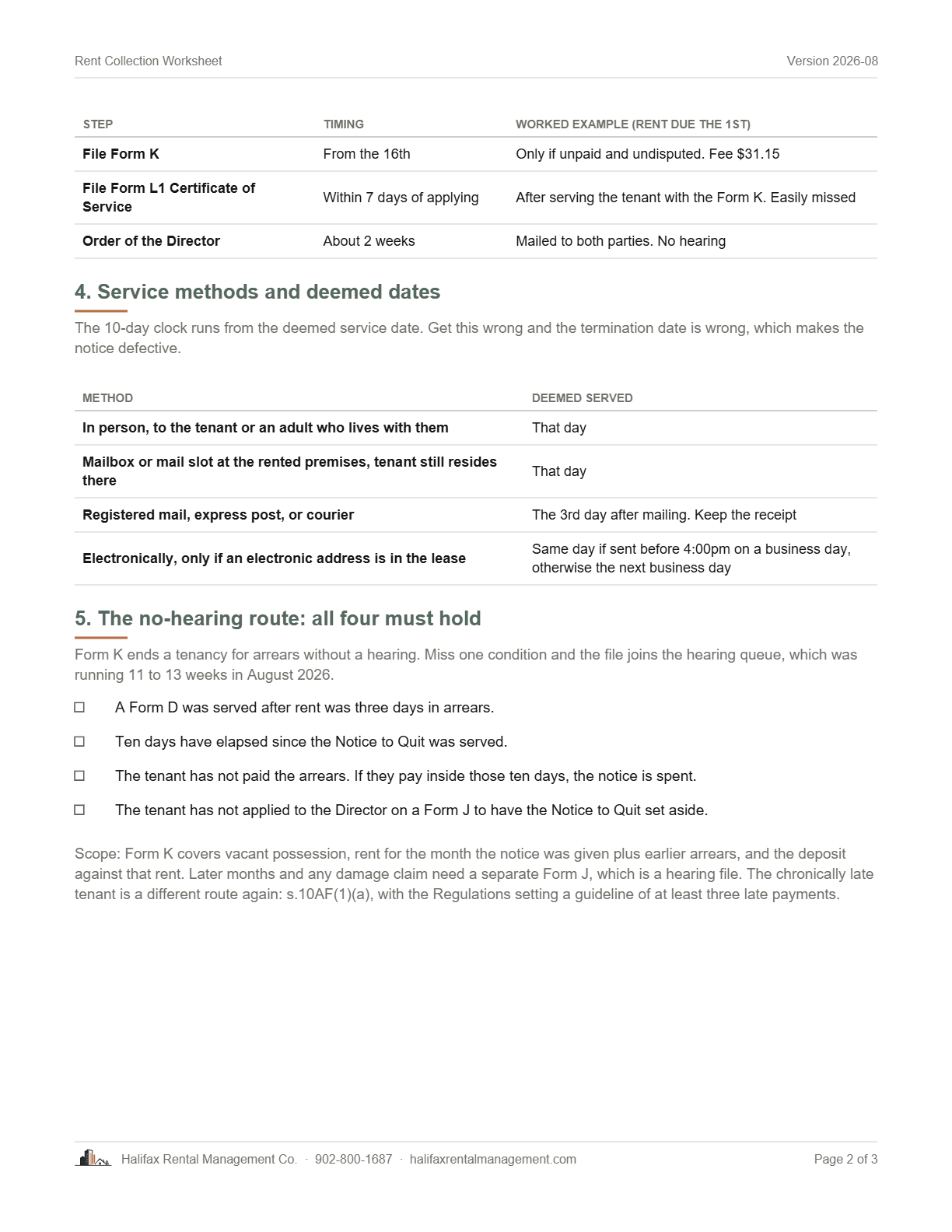Page 2 of The Halifax Rent Collection Worksheet: service dates and the no-hearing route