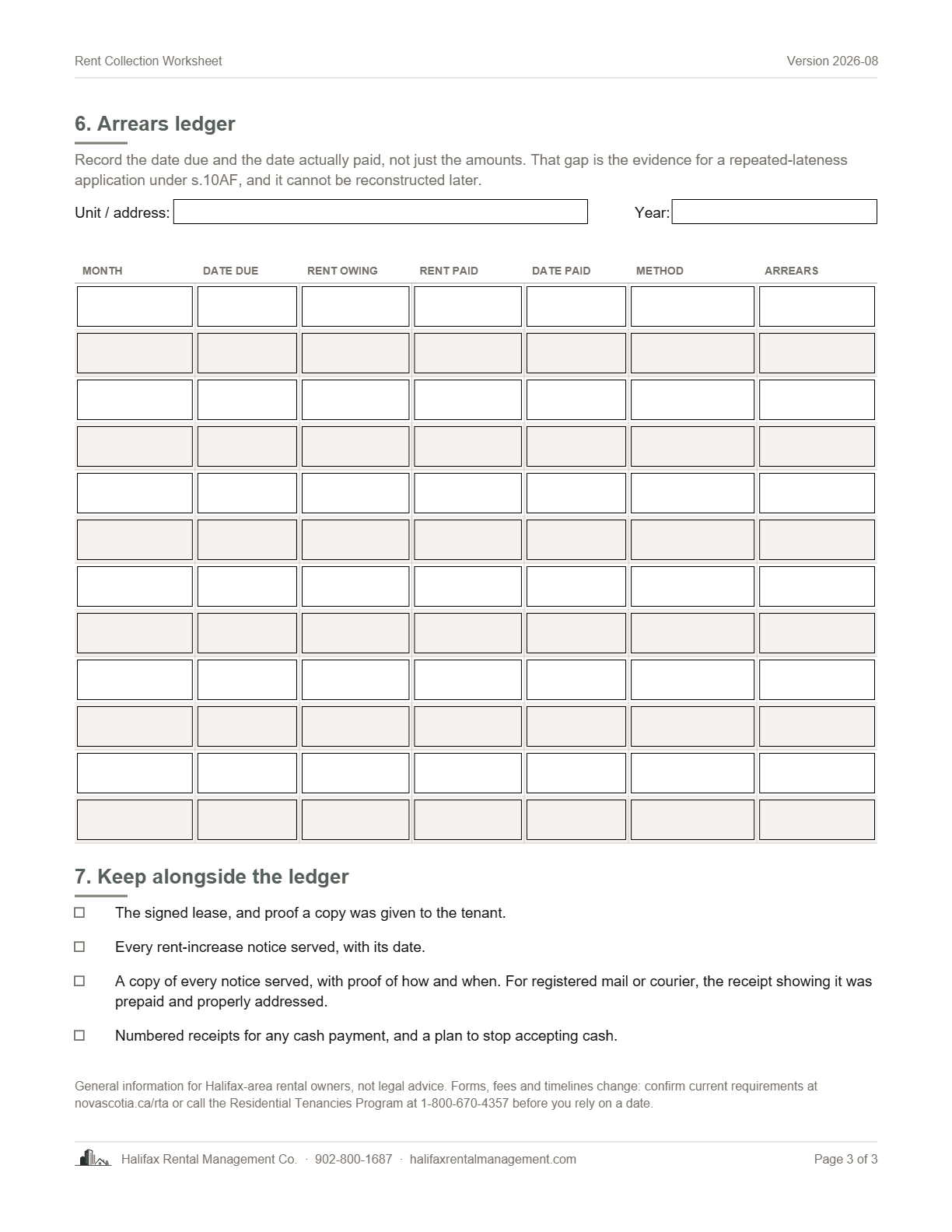 Page 3 of The Halifax Rent Collection Worksheet: the arrears ledger