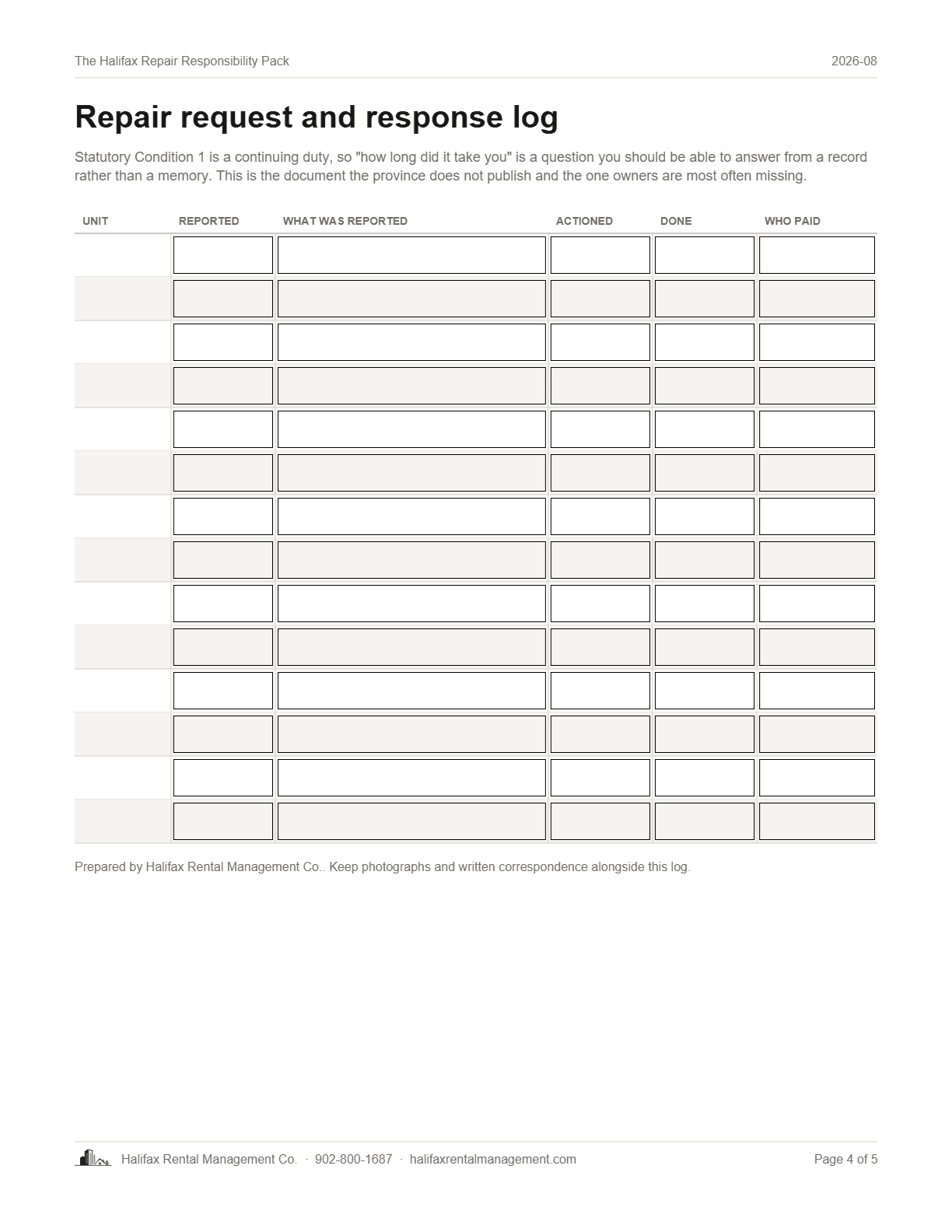 Page 4 of The Halifax Repair Responsibility Pack: the repair request and response log