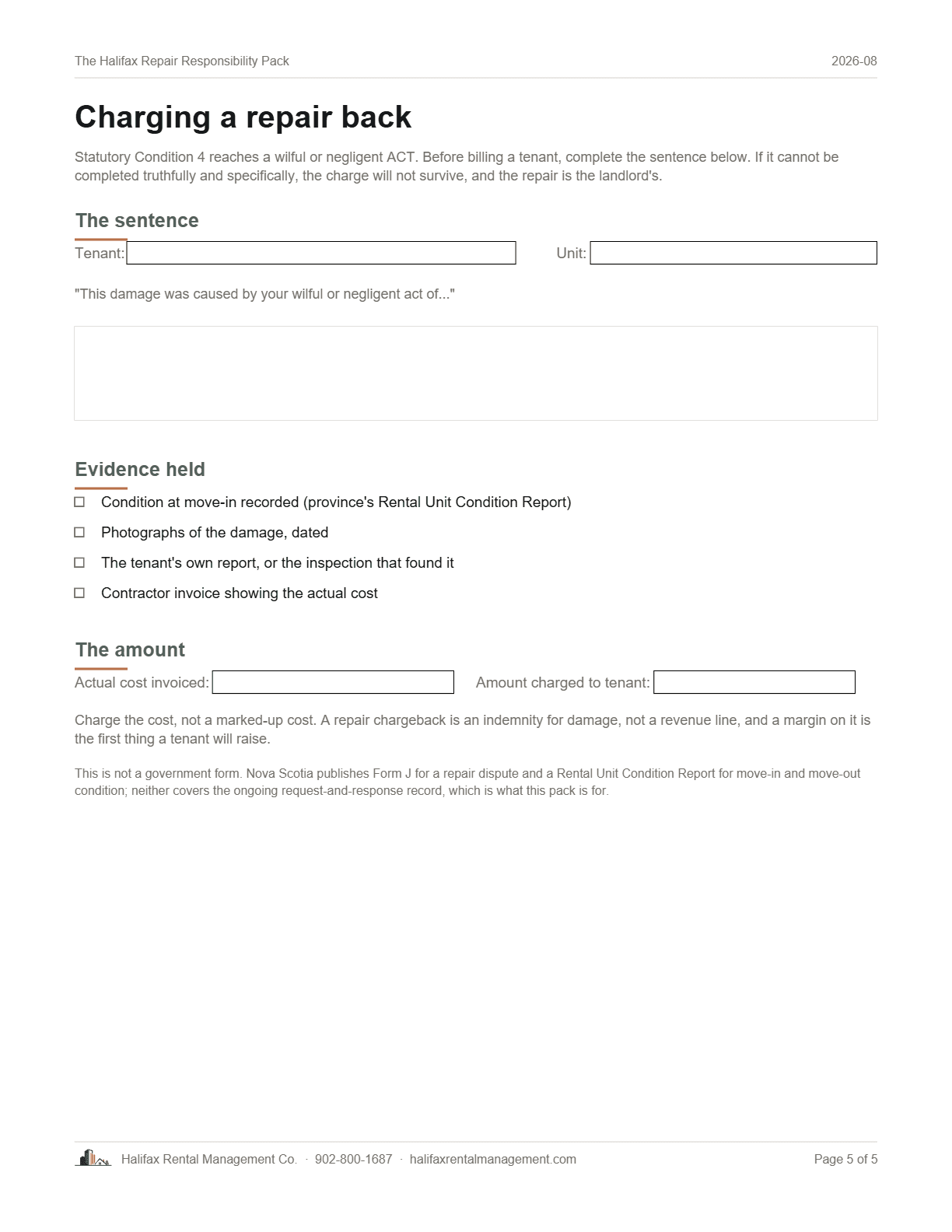 Page 5 of The Halifax Repair Responsibility Pack: charging a repair back