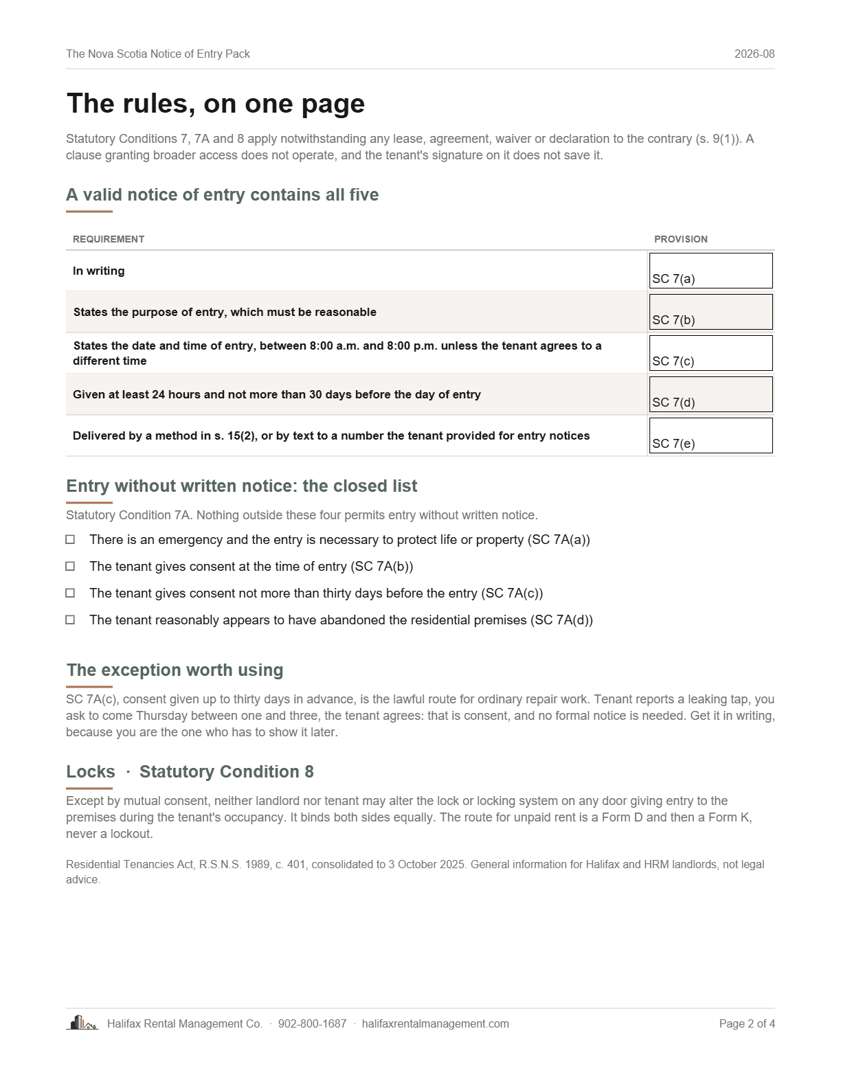 Page 2 of The Nova Scotia Notice of Entry Pack: the rules on one page