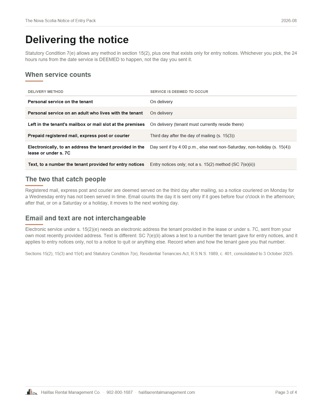 Page 3 of The Nova Scotia Notice of Entry Pack: delivering the notice, and when service counts