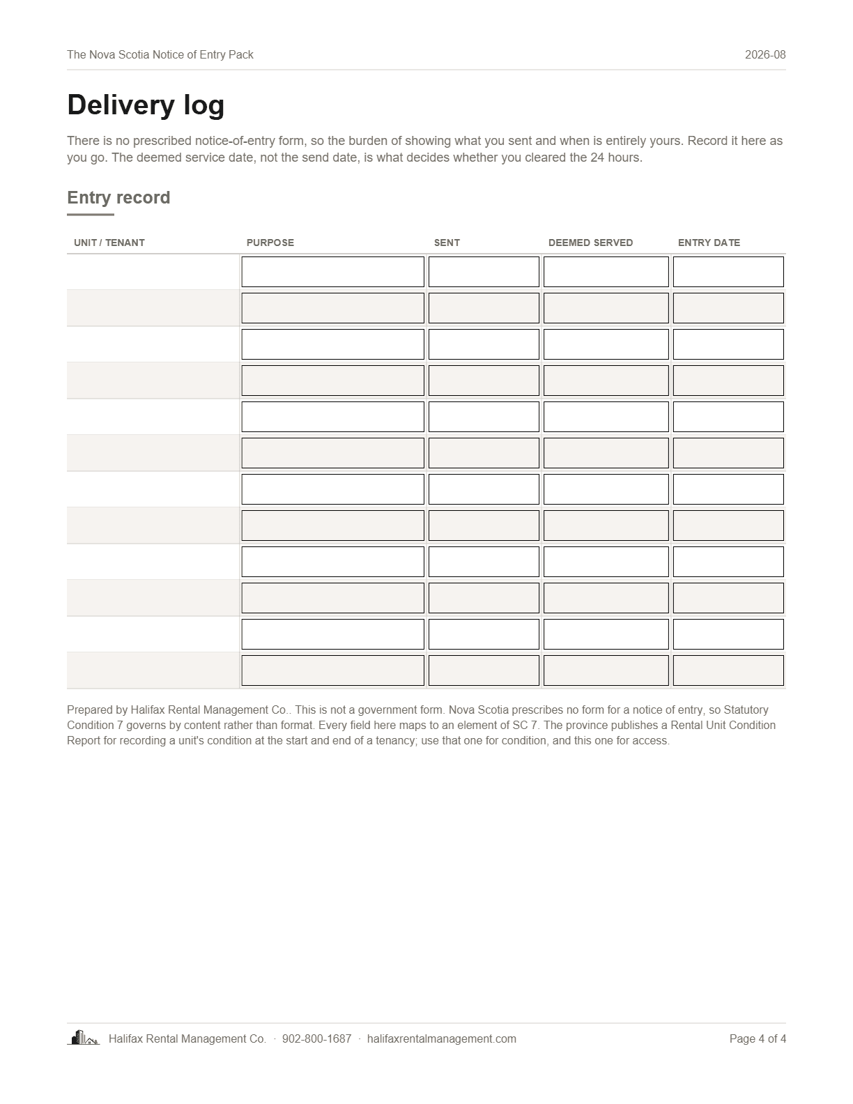 Page 4 of The Nova Scotia Notice of Entry Pack: the delivery log